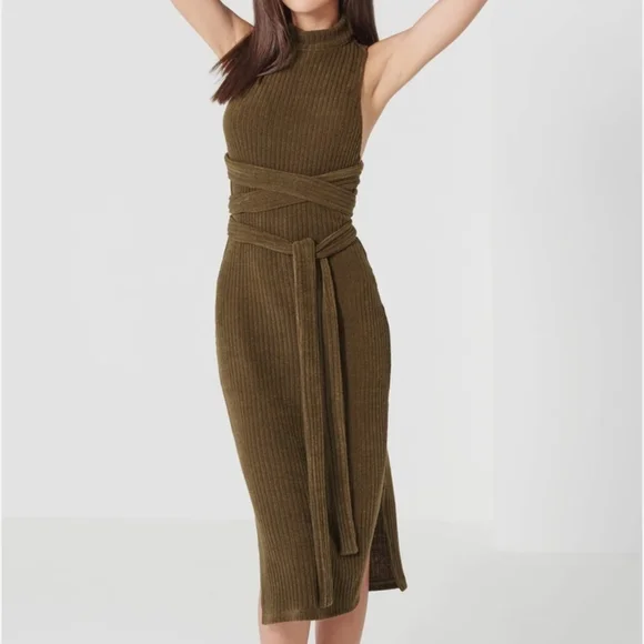 Lavish Alice Green Ribbed Midi Dress Mock Neck Sleeveless Styled Multiple Way - Picture 3 of 7